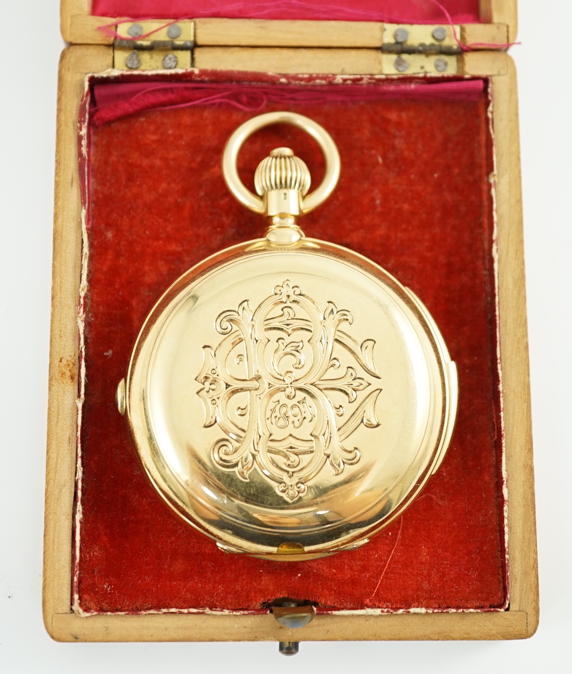 A late 19th Swiss 18k gold keyless hunter minute repeating chronograph pocket watch by U. Montandon Robert